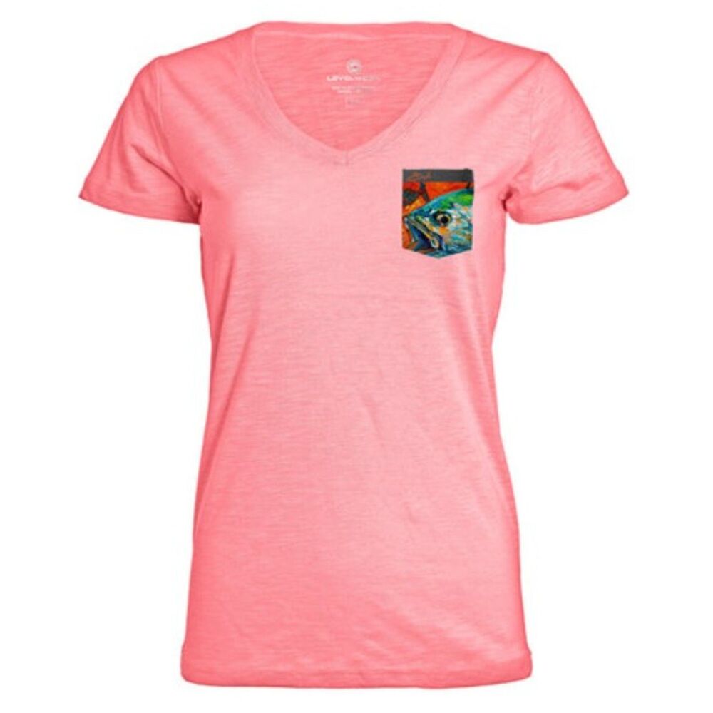 Savlen Abstract Albacore Ladies V-Neck Pocket Tee | Geranium Pink | NWT | L–XXL